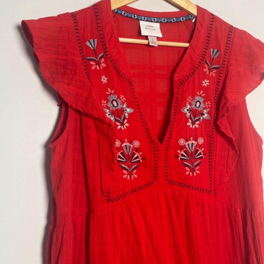 Knox Rose Red Embroidered Midi Empire Cotton Summer Sun Dress Sz Large